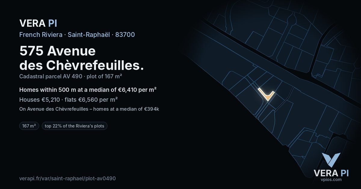 575 Avenue des Chèvrefeuilles, Saint-Raphaël at night – the plot lit, the parcels around coloured by the prices near them