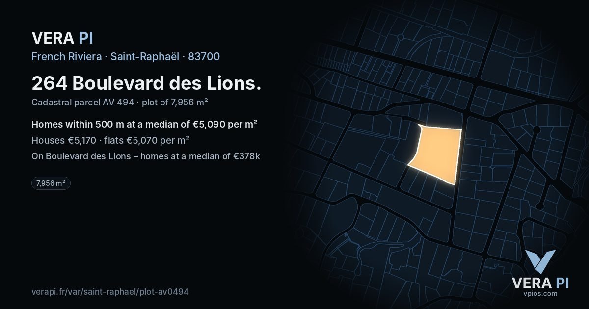 264 Boulevard des Lions, Saint-Raphaël at night – the plot lit, the parcels around coloured by the prices near them