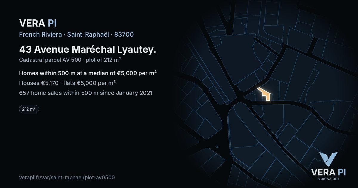 43 Avenue Maréchal Lyautey, Saint-Raphaël at night – the plot lit, the parcels around coloured by the prices near them