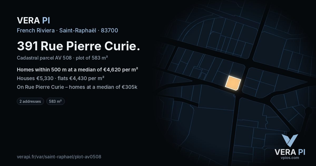 391 Rue Pierre Curie, Saint-Raphaël at night – the plot lit, the parcels around coloured by the prices near them