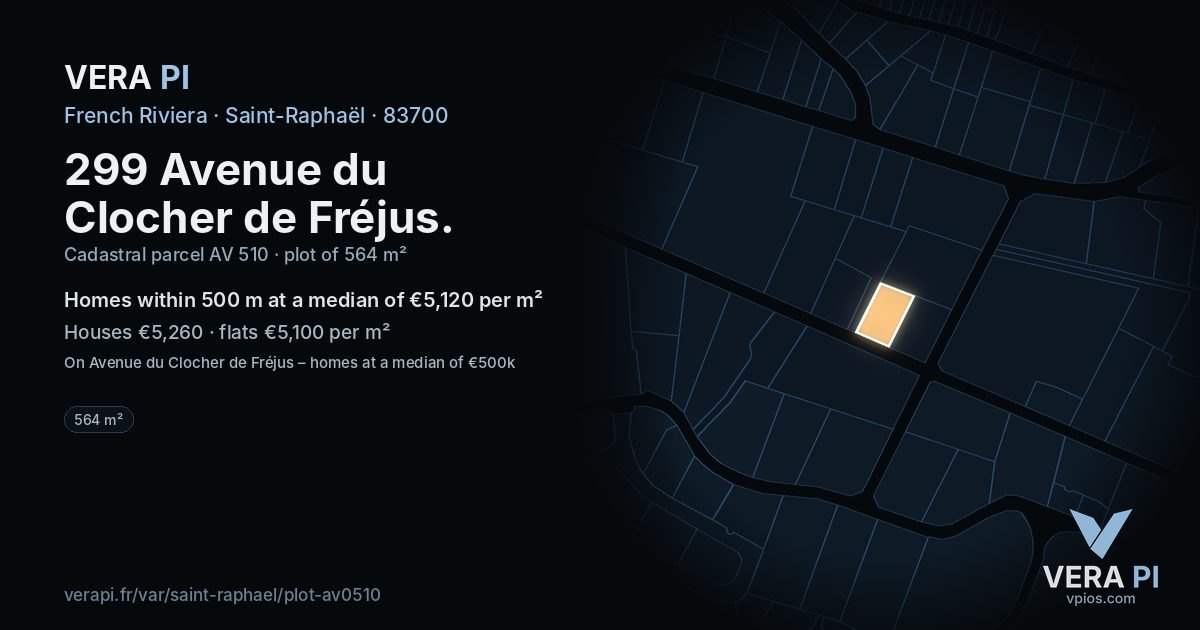 299 Avenue du Clocher de Fréjus, Saint-Raphaël at night – the plot lit, the parcels around coloured by the prices near them