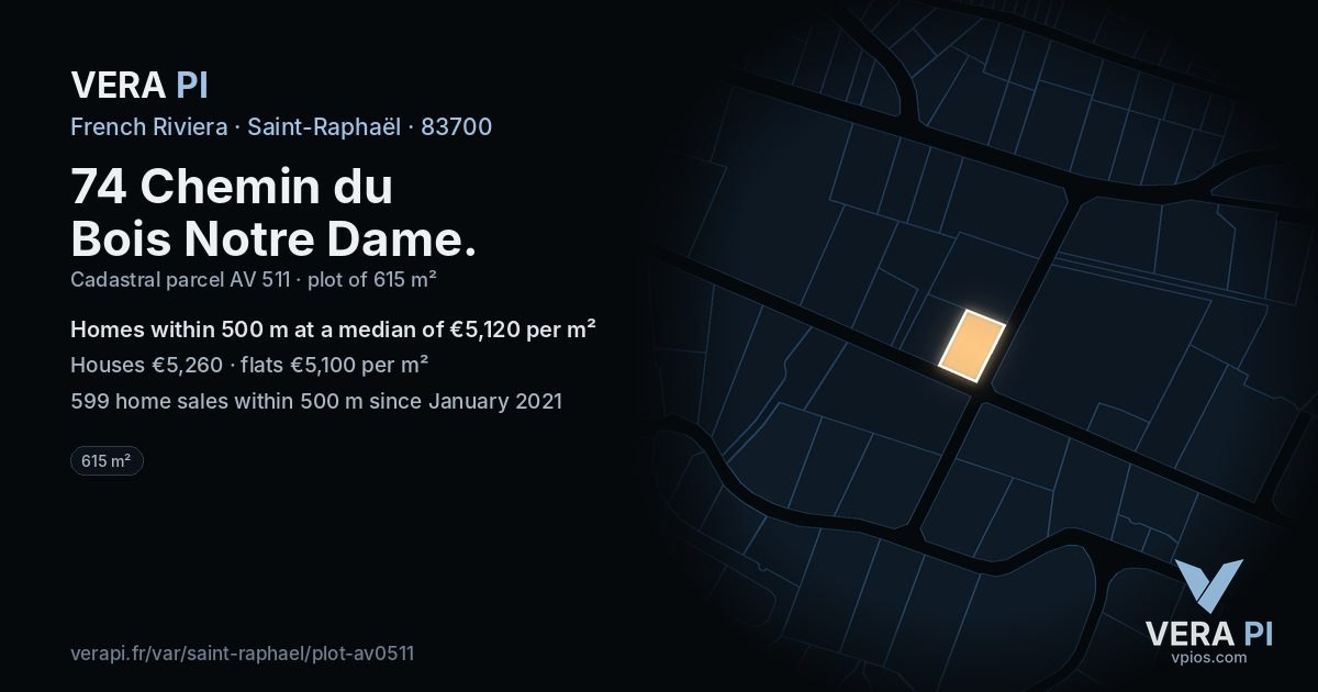 74 Chemin du Bois Notre Dame, Saint-Raphaël at night – the plot lit, the parcels around coloured by the prices near them