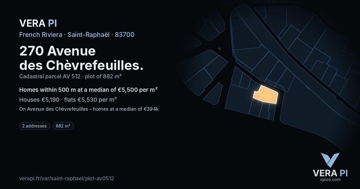 270 Avenue des Chèvrefeuilles, Saint-Raphaël at night – the plot lit, the parcels around coloured by the prices near them