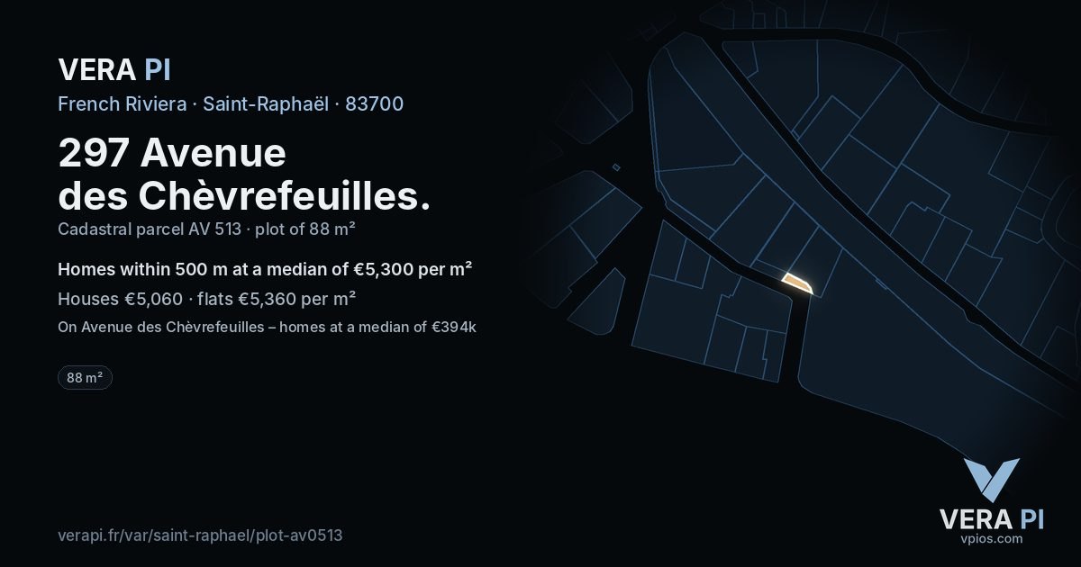 297 Avenue des Chèvrefeuilles, Saint-Raphaël at night – the plot lit, the parcels around coloured by the prices near them