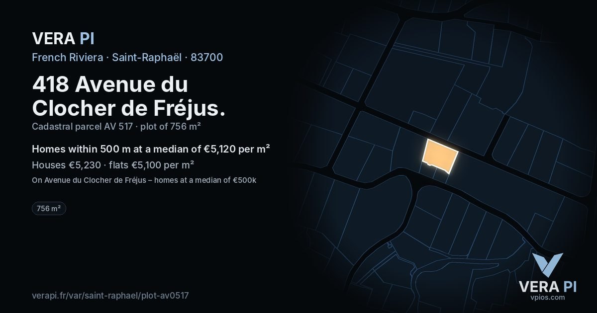 418 Avenue du Clocher de Fréjus, Saint-Raphaël at night – the plot lit, the parcels around coloured by the prices near them