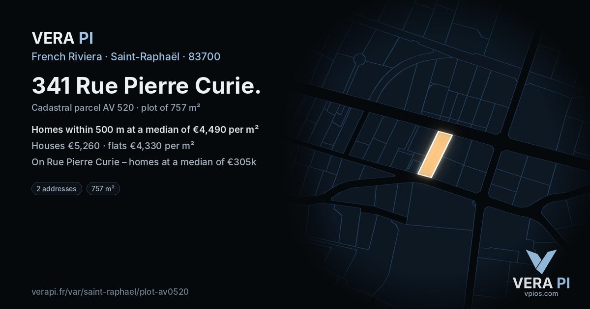 341 Rue Pierre Curie, Saint-Raphaël at night – the plot lit, the parcels around coloured by the prices near them
