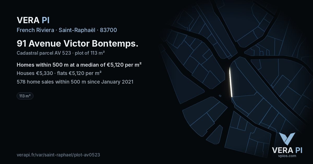 91 Avenue Victor Bontemps, Saint-Raphaël at night – the plot lit, the parcels around coloured by the prices near them