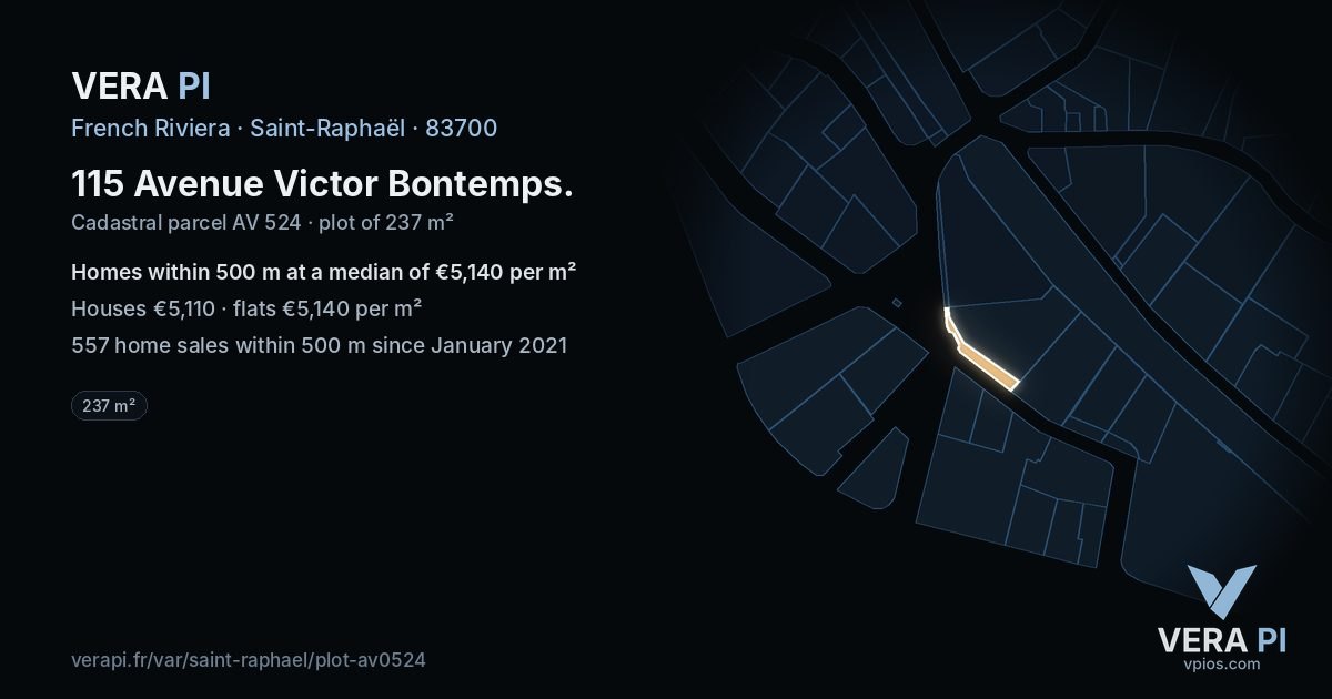 115 Avenue Victor Bontemps, Saint-Raphaël at night – the plot lit, the parcels around coloured by the prices near them
