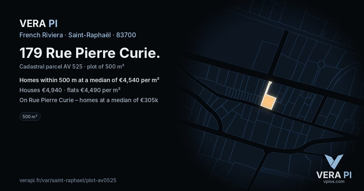 179 Rue Pierre Curie, Saint-Raphaël at night – the plot lit, the parcels around coloured by the prices near them