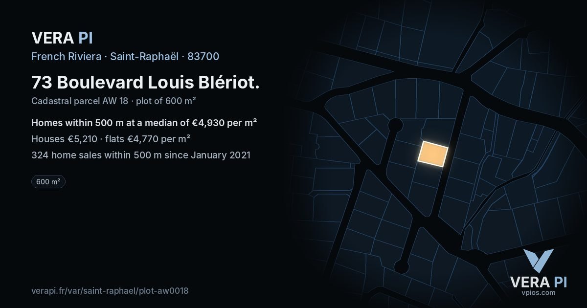 73 Boulevard Louis Blériot, Saint-Raphaël at night – the plot lit, the parcels around coloured by the prices near them