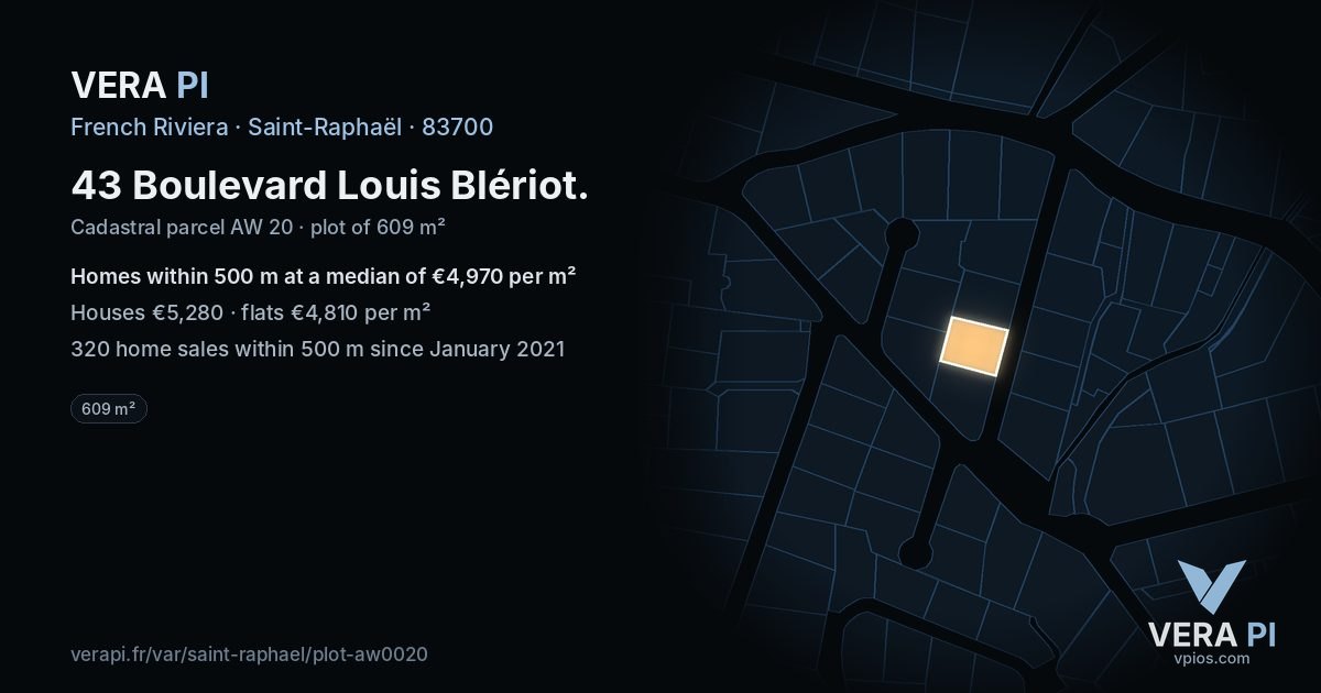 43 Boulevard Louis Blériot, Saint-Raphaël at night – the plot lit, the parcels around coloured by the prices near them