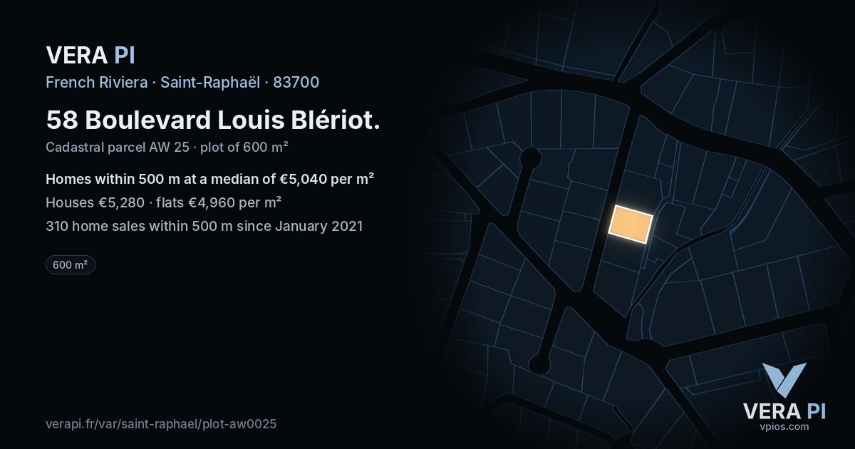 58 Boulevard Louis Blériot, Saint-Raphaël at night – the plot lit, the parcels around coloured by the prices near them