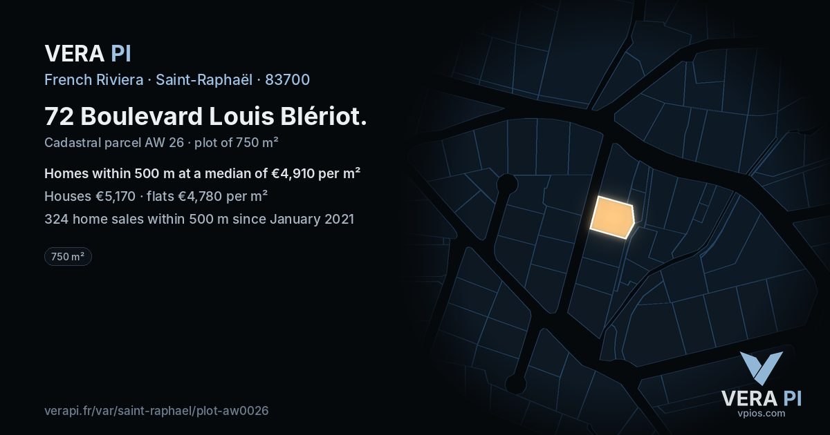 72 Boulevard Louis Blériot, Saint-Raphaël at night – the plot lit, the parcels around coloured by the prices near them