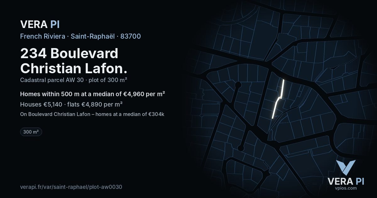 234 Boulevard Christian Lafon, Saint-Raphaël at night – the plot lit, the parcels around coloured by the prices near them