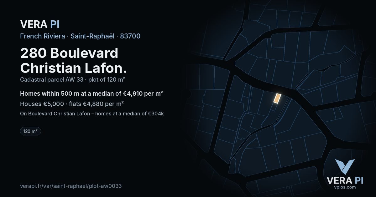 280 Boulevard Christian Lafon, Saint-Raphaël at night – the plot lit, the parcels around coloured by the prices near them