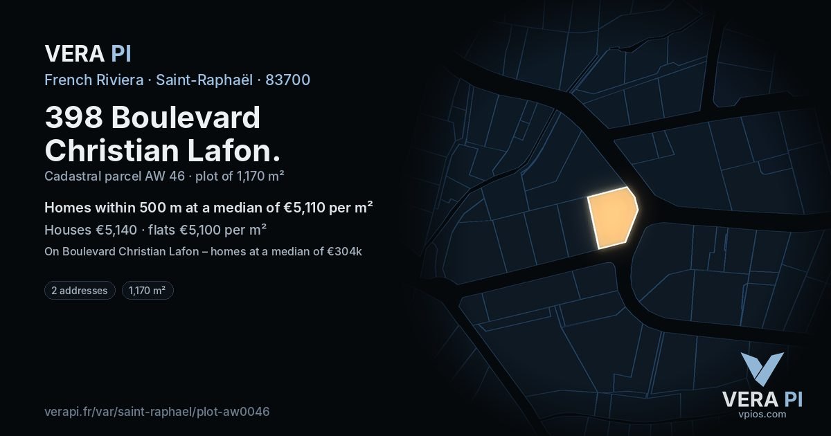 398 Boulevard Christian Lafon, Saint-Raphaël at night – the plot lit, the parcels around coloured by the prices near them