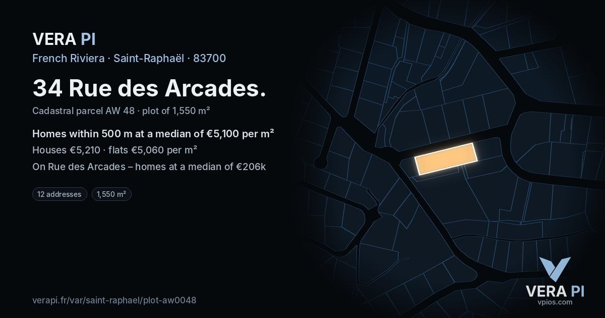 34 Rue des Arcades, Saint-Raphaël at night – the plot lit, the parcels around coloured by the prices near them