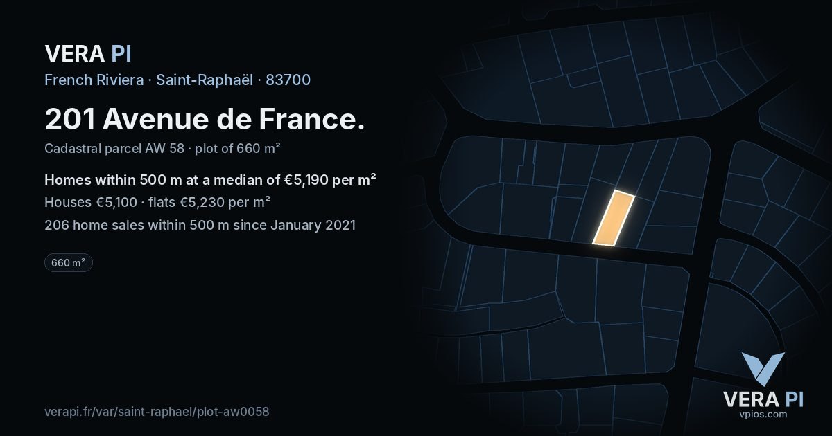 201 Avenue de France, Saint-Raphaël at night – the plot lit, the parcels around coloured by the prices near them