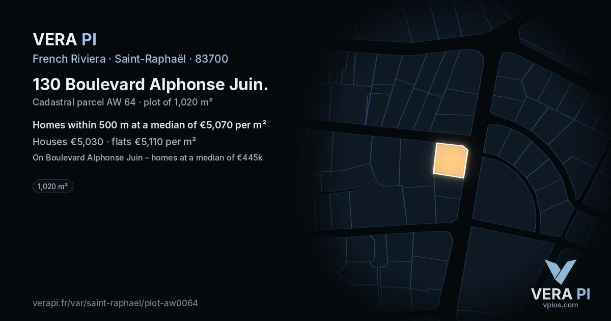 130 Boulevard Alphonse Juin, Saint-Raphaël at night – the plot lit, the parcels around coloured by the prices near them