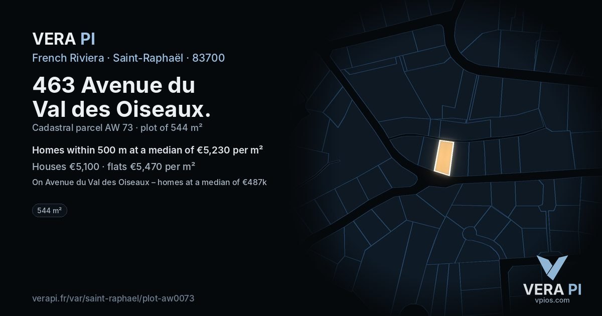 463 Avenue du Val des Oiseaux, Saint-Raphaël at night – the plot lit, the parcels around coloured by the prices near them