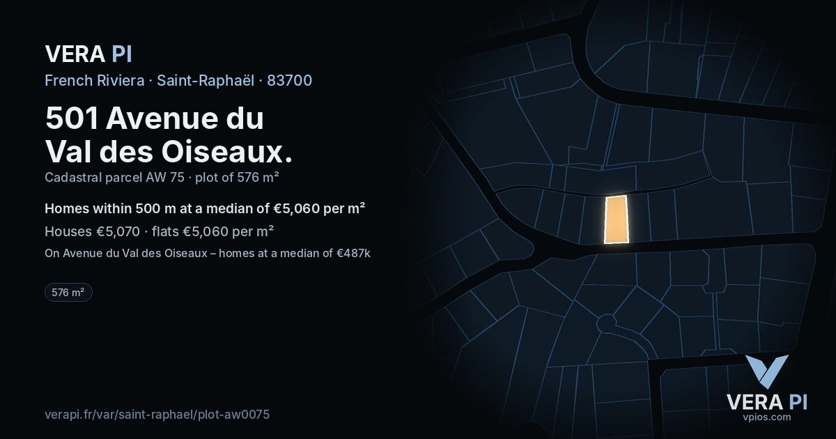 501 Avenue du Val des Oiseaux, Saint-Raphaël at night – the plot lit, the parcels around coloured by the prices near them