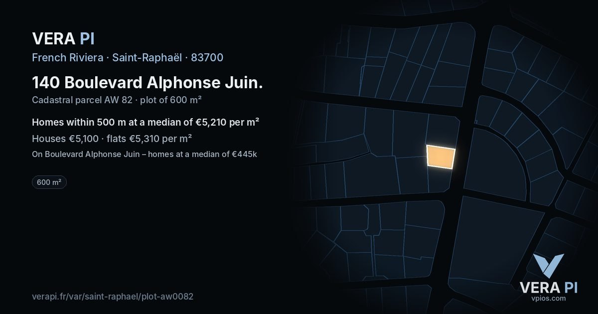 140 Boulevard Alphonse Juin, Saint-Raphaël at night – the plot lit, the parcels around coloured by the prices near them