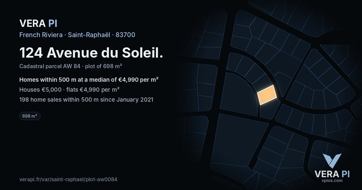 124 Avenue du Soleil, Saint-Raphaël at night – the plot lit, the parcels around coloured by the prices near them