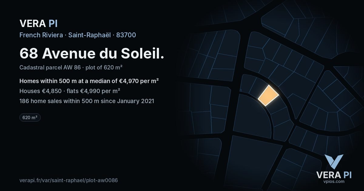 68 Avenue du Soleil, Saint-Raphaël at night – the plot lit, the parcels around coloured by the prices near them