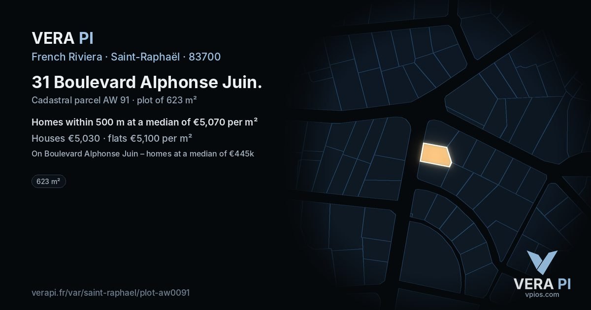31 Boulevard Alphonse Juin, Saint-Raphaël at night – the plot lit, the parcels around coloured by the prices near them