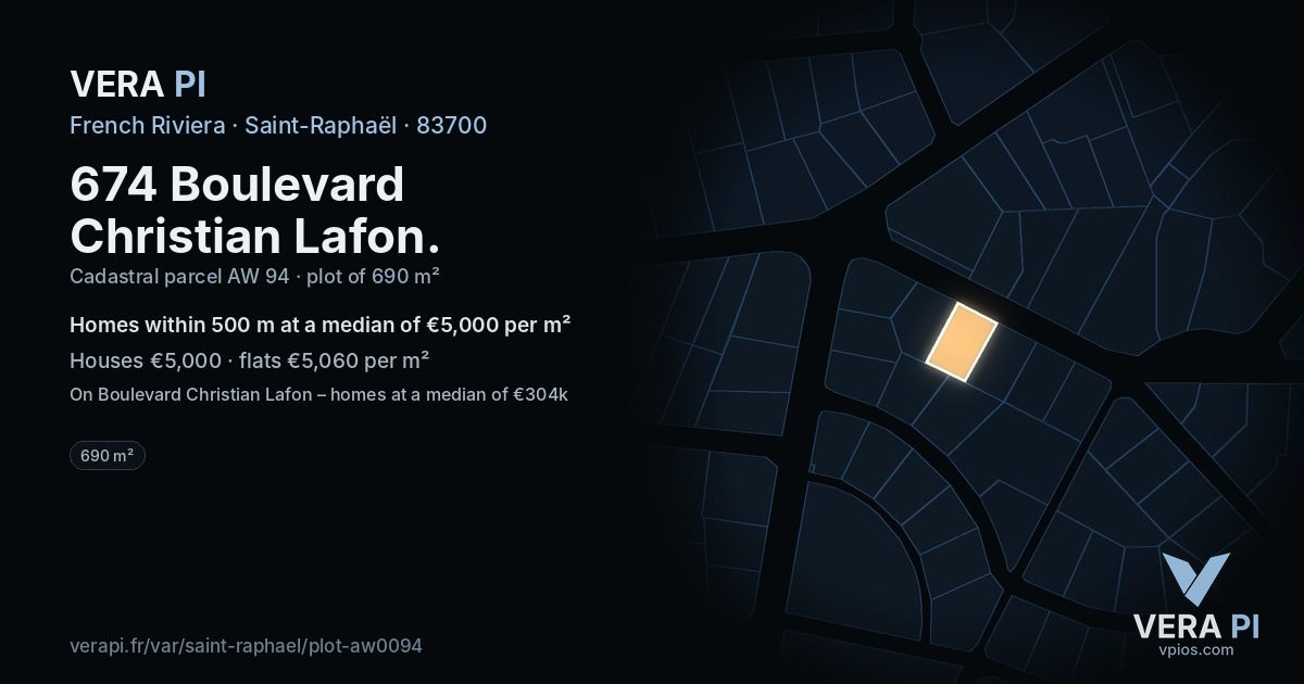 674 Boulevard Christian Lafon, Saint-Raphaël at night – the plot lit, the parcels around coloured by the prices near them