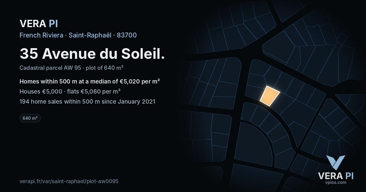 35 Avenue du Soleil, Saint-Raphaël at night – the plot lit, the parcels around coloured by the prices near them