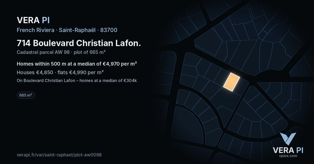 714 Boulevard Christian Lafon, Saint-Raphaël at night – the plot lit, the parcels around coloured by the prices near them