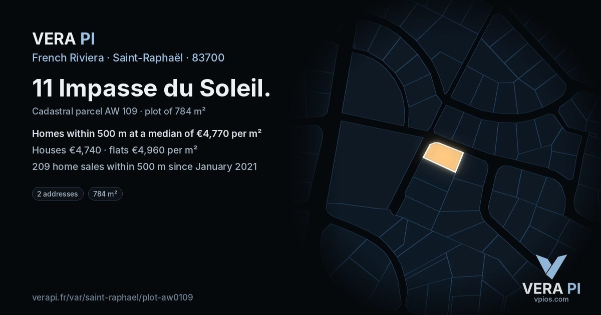 11 Impasse du Soleil, Saint-Raphaël at night – the plot lit, the parcels around coloured by the prices near them