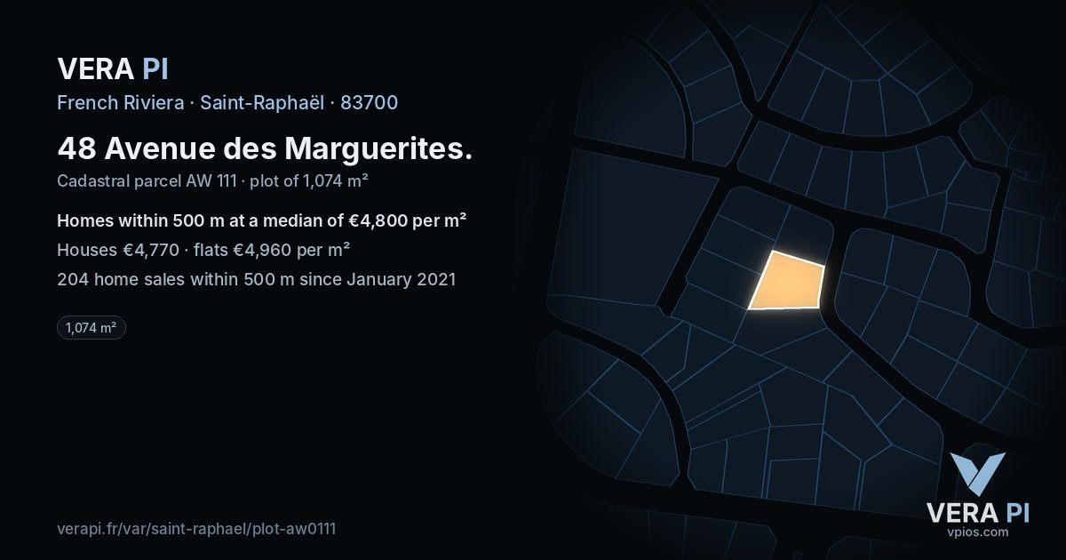48 Avenue des Marguerites, Saint-Raphaël at night – the plot lit, the parcels around coloured by the prices near them