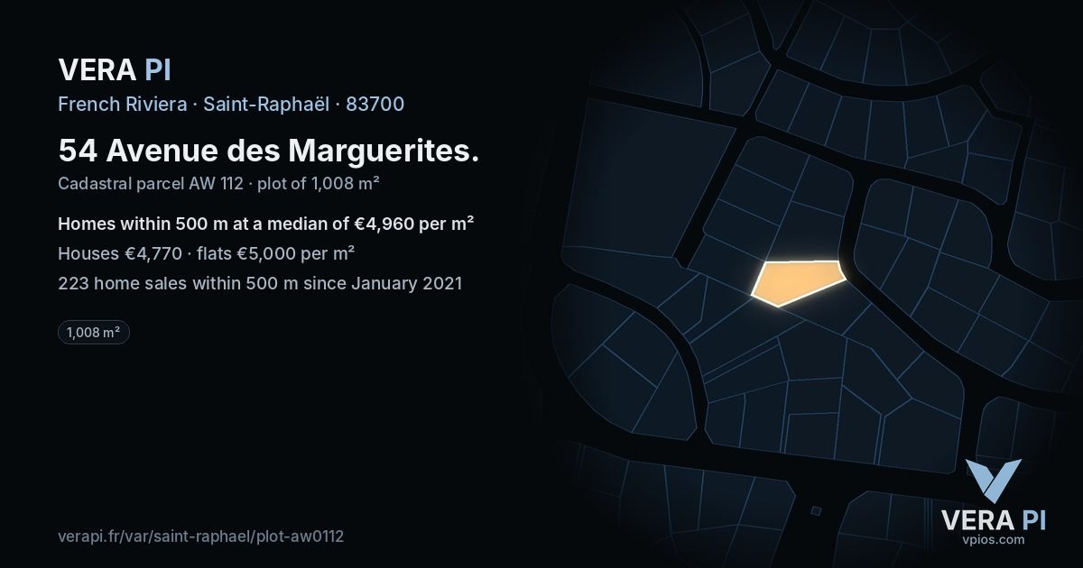 54 Avenue des Marguerites, Saint-Raphaël at night – the plot lit, the parcels around coloured by the prices near them