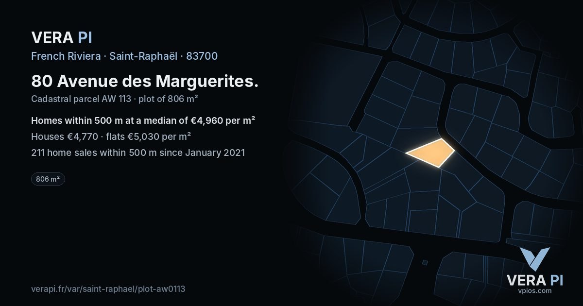 80 Avenue des Marguerites, Saint-Raphaël at night – the plot lit, the parcels around coloured by the prices near them
