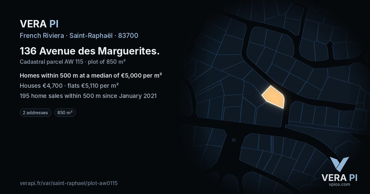 136 Avenue des Marguerites, Saint-Raphaël at night – the plot lit, the parcels around coloured by the prices near them