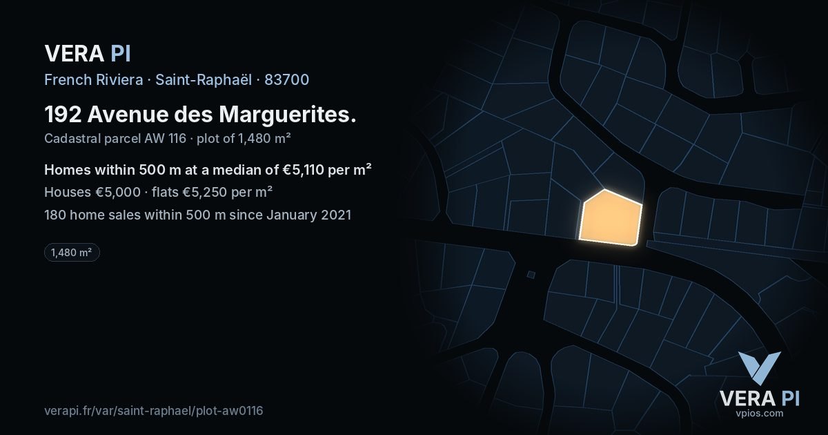 192 Avenue des Marguerites, Saint-Raphaël at night – the plot lit, the parcels around coloured by the prices near them