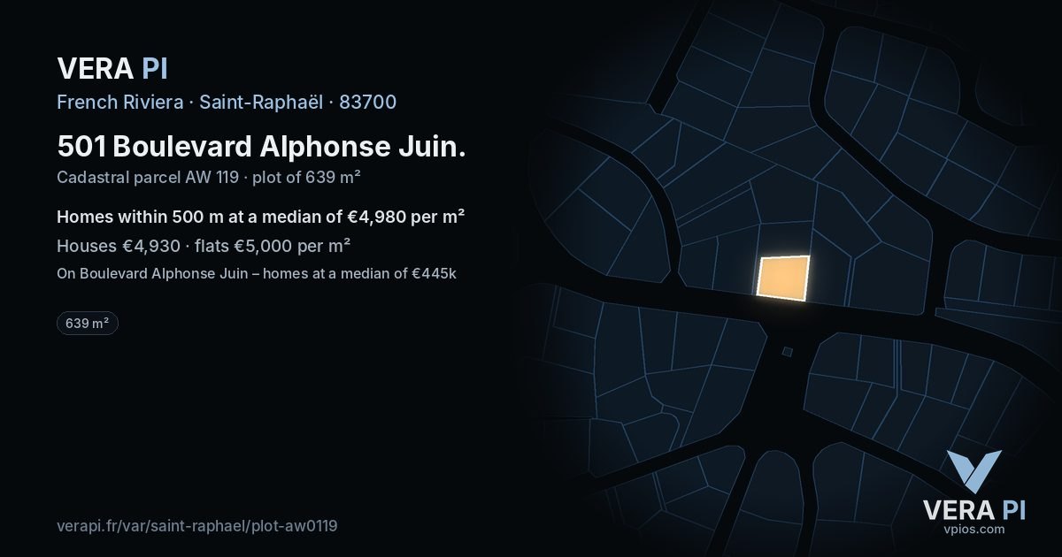 501 Boulevard Alphonse Juin, Saint-Raphaël at night – the plot lit, the parcels around coloured by the prices near them