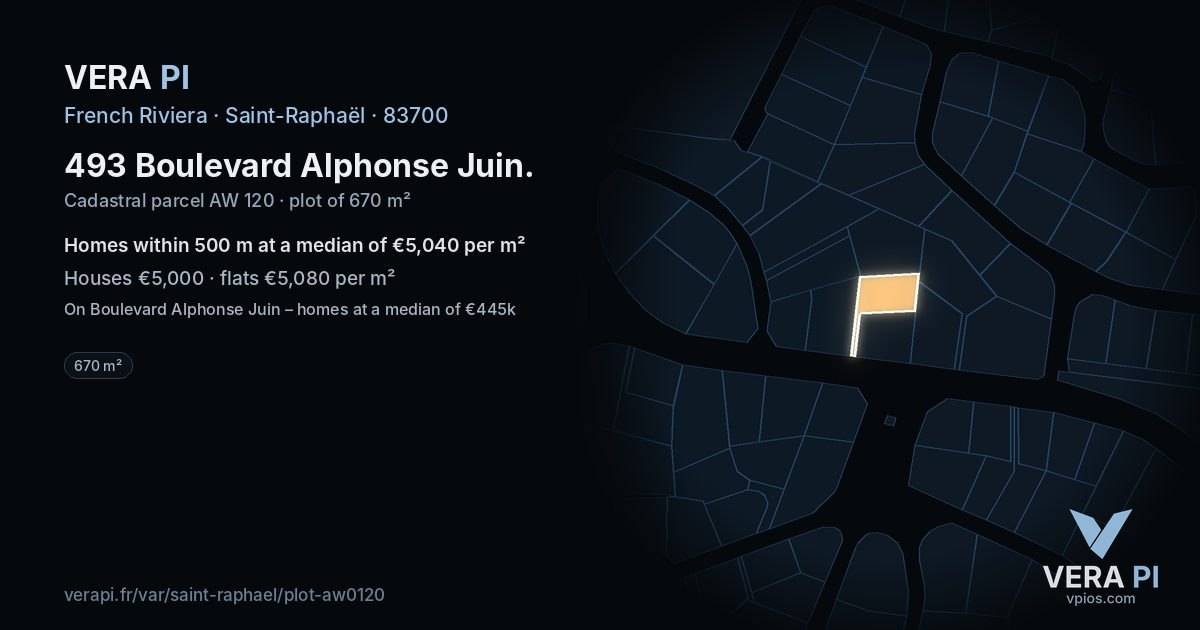 493 Boulevard Alphonse Juin, Saint-Raphaël at night – the plot lit, the parcels around coloured by the prices near them