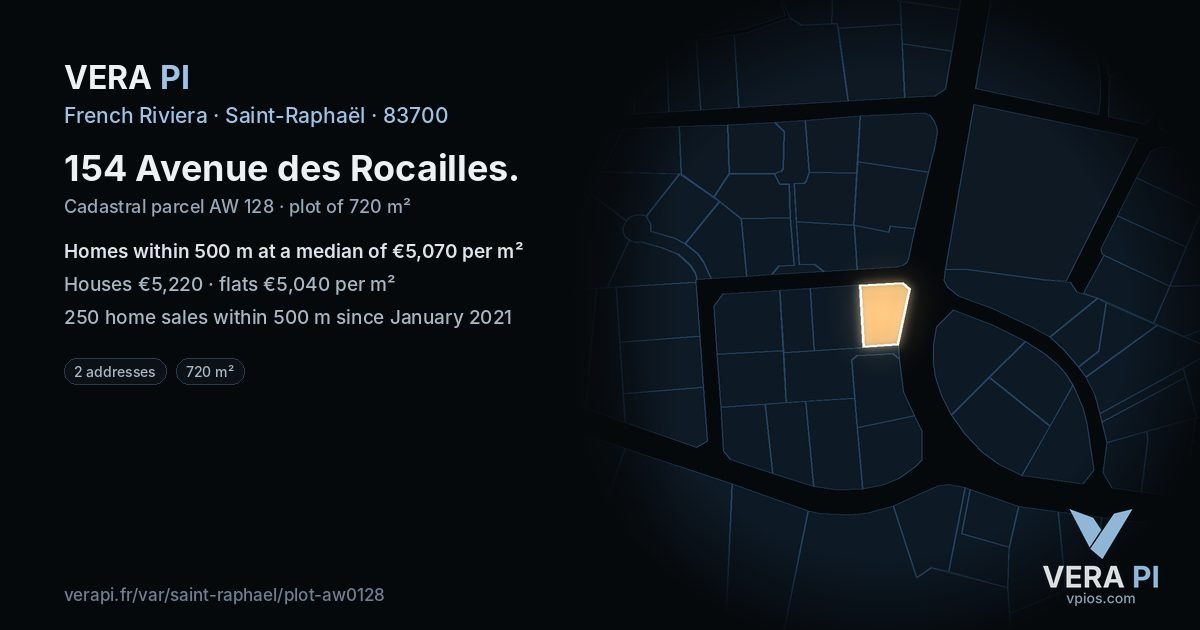 154 Avenue des Rocailles, Saint-Raphaël at night – the plot lit, the parcels around coloured by the prices near them