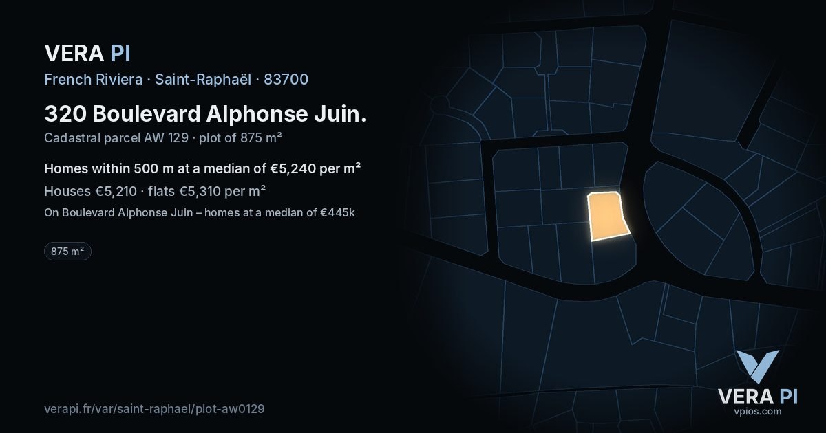 320 Boulevard Alphonse Juin, Saint-Raphaël at night – the plot lit, the parcels around coloured by the prices near them