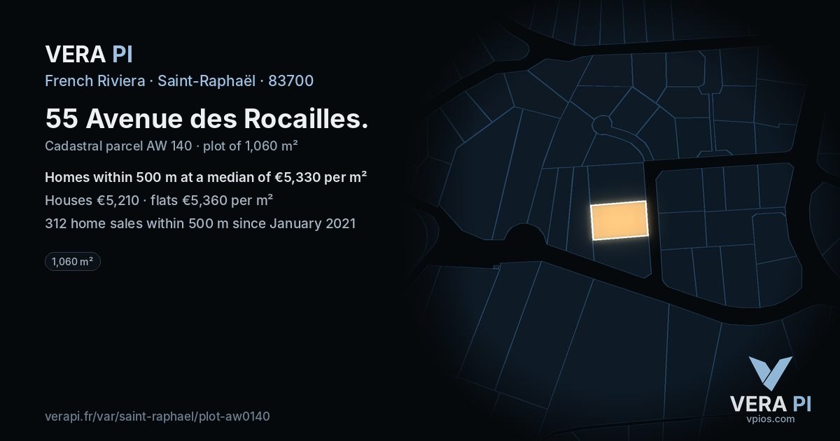 55 Avenue des Rocailles, Saint-Raphaël at night – the plot lit, the parcels around coloured by the prices near them
