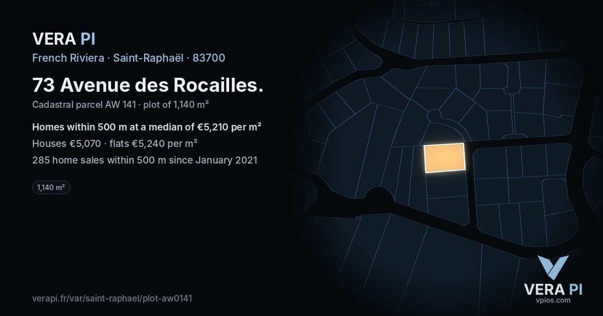 73 Avenue des Rocailles, Saint-Raphaël at night – the plot lit, the parcels around coloured by the prices near them