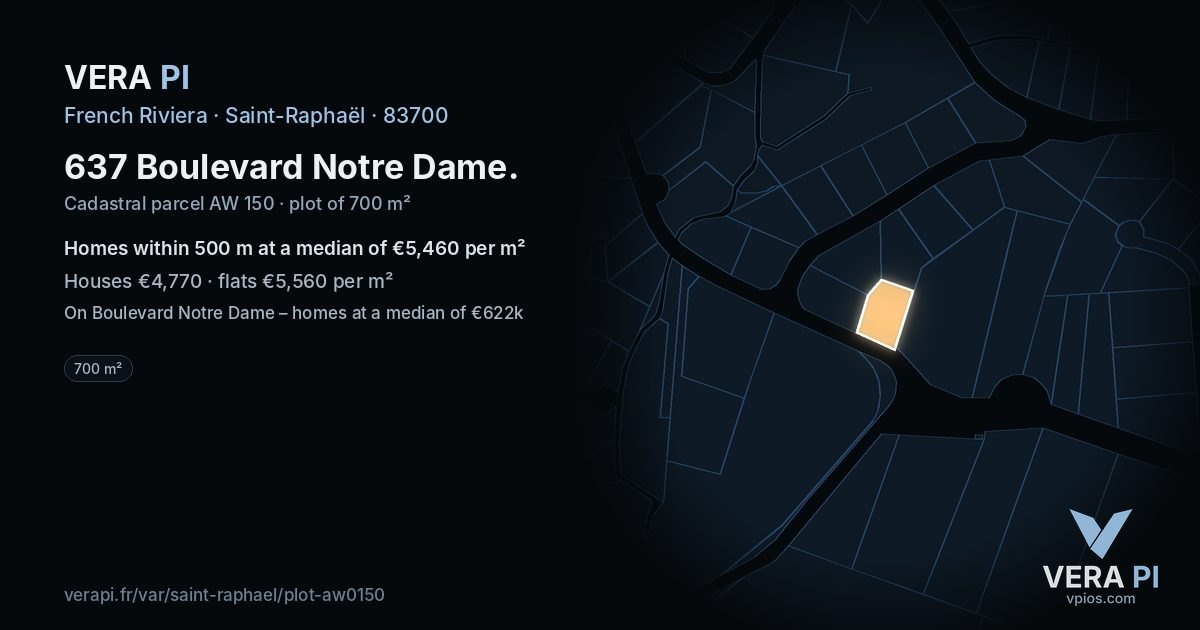 637 Boulevard Notre Dame, Saint-Raphaël at night – the plot lit, the parcels around coloured by the prices near them