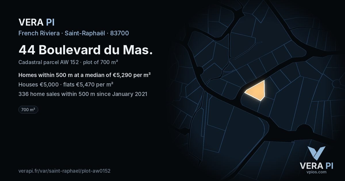44 Boulevard du Mas, Saint-Raphaël at night – the plot lit, the parcels around coloured by the prices near them