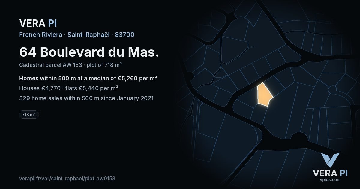 64 Boulevard du Mas, Saint-Raphaël at night – the plot lit, the parcels around coloured by the prices near them