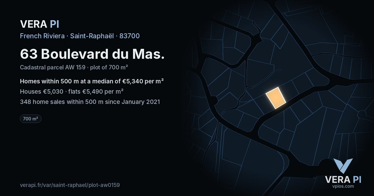 63 Boulevard du Mas, Saint-Raphaël at night – the plot lit, the parcels around coloured by the prices near them
