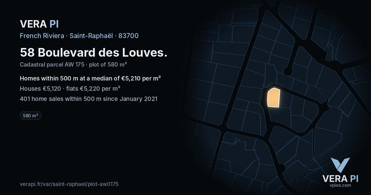 58 Boulevard des Louves, Saint-Raphaël at night – the plot lit, the parcels around coloured by the prices near them