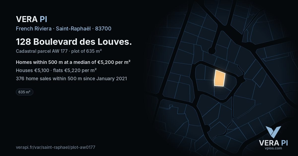 128 Boulevard des Louves, Saint-Raphaël at night – the plot lit, the parcels around coloured by the prices near them